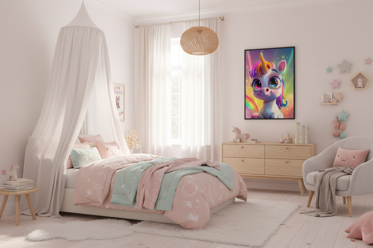 Børneværelse med sengehimmel og enhjørning plakat