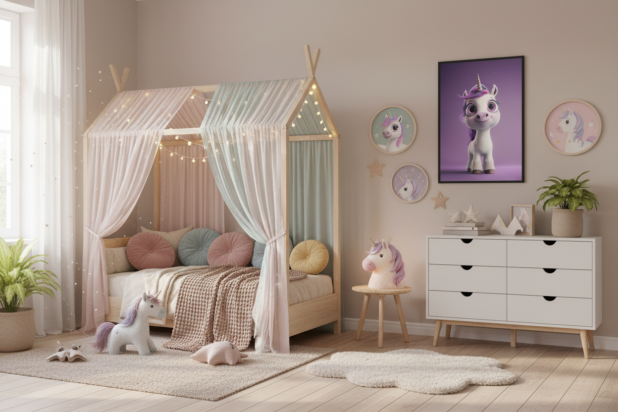 Børneværelse med sengehimmel og enhjørning plakat