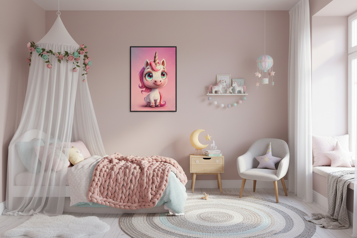 Børneværelse med sengehimmel og enhjørning plakat
