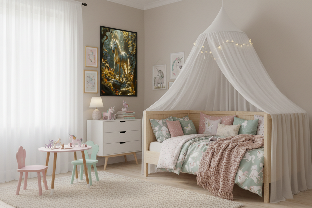 Børneværelse med sengehimmel og enhjørning plakat