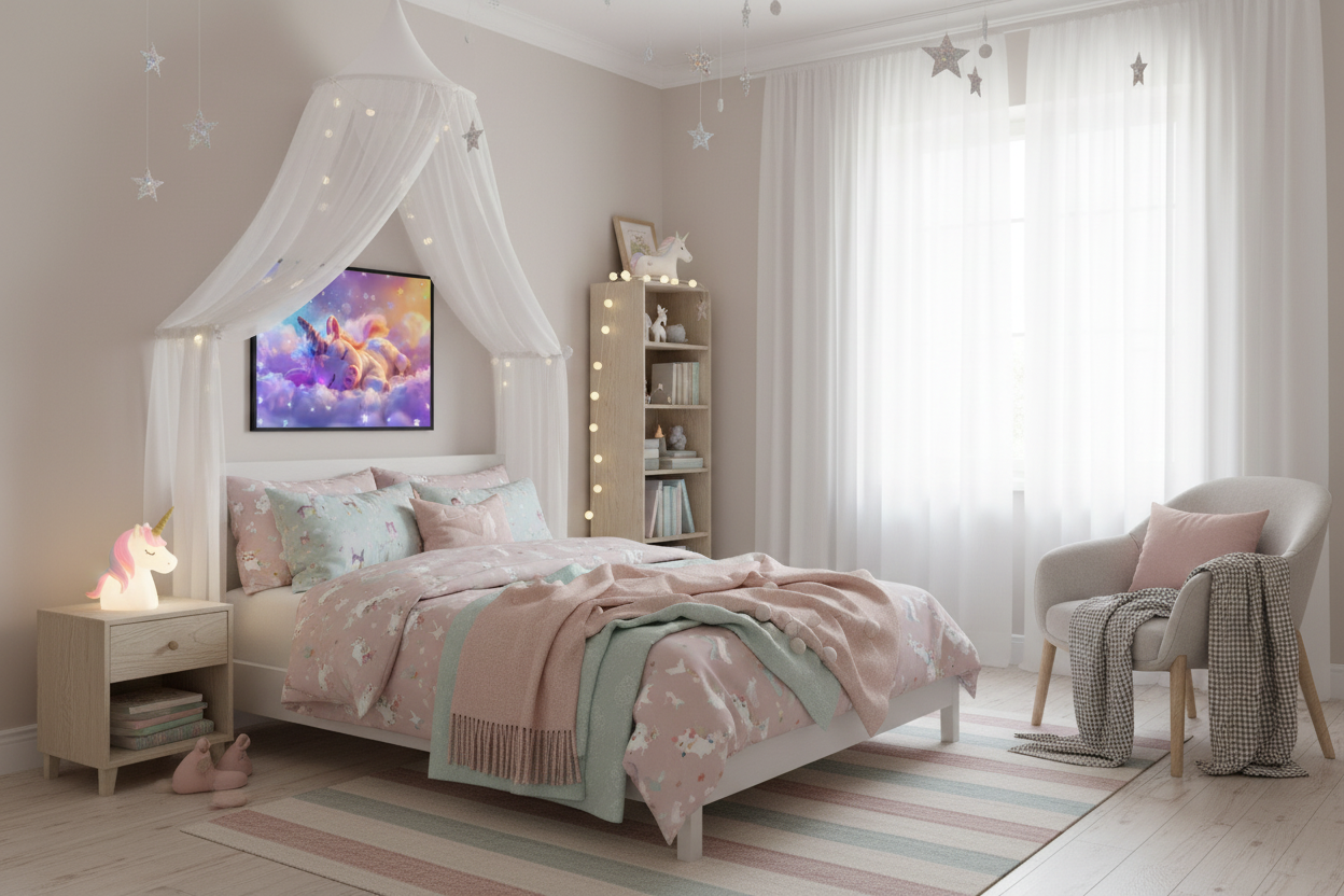 Børneværelse med sengehimmel og enhjørning plakat