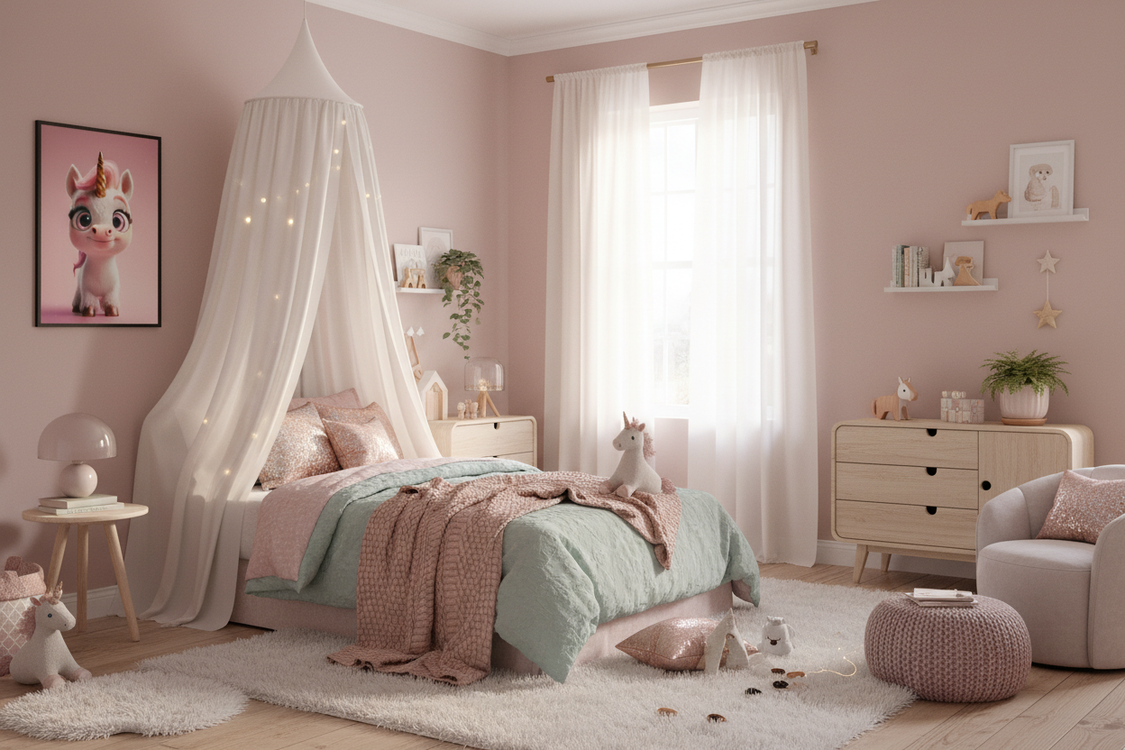 Børneværelse med sengehimmel og enhjørning plakat