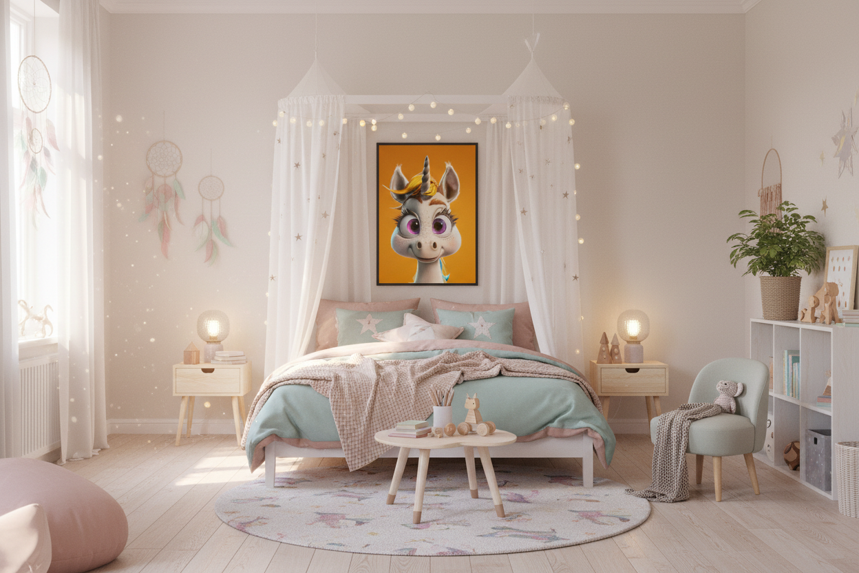 Børneværelse med sengehimmel og enhjørning plakat