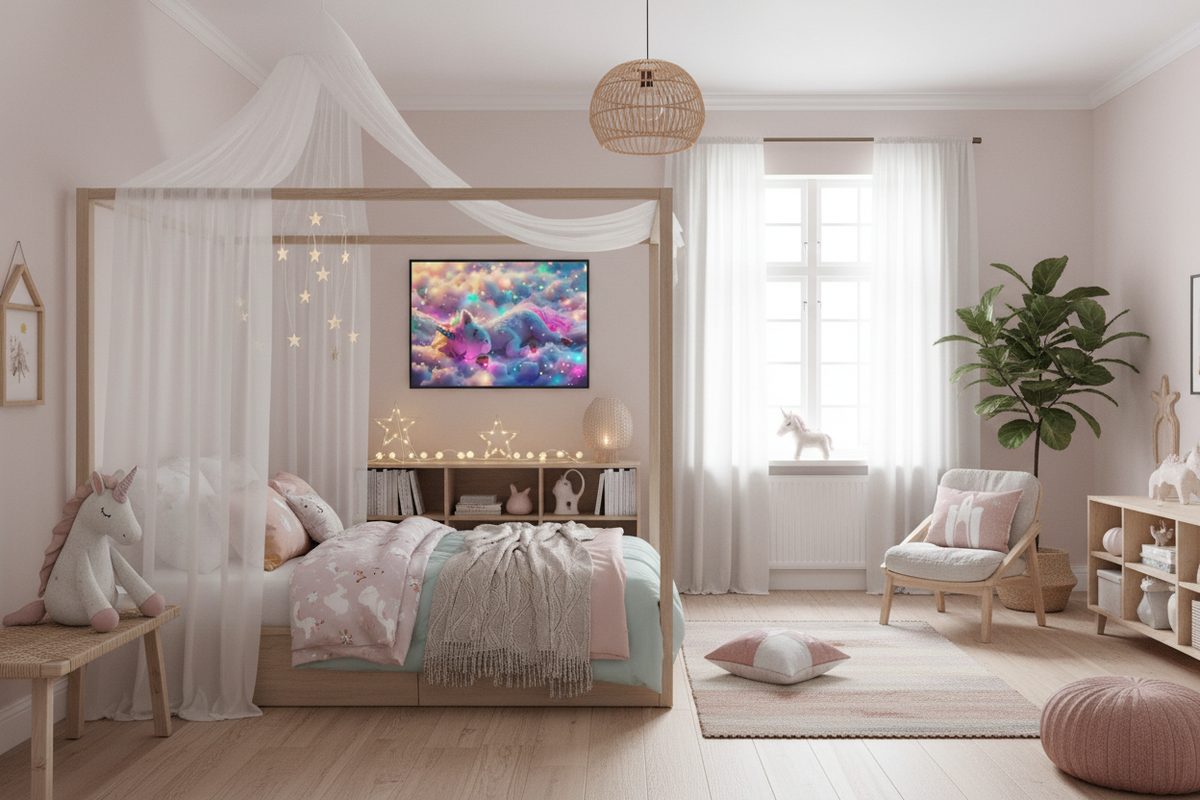 Børneværelse med sengehimmel og enhjørning plakat