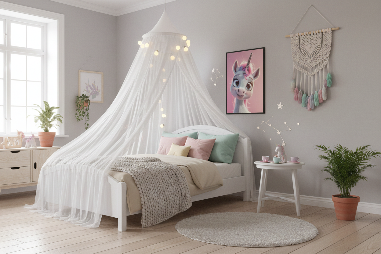 Børneværelse med sengehimmel og enhjørning plakat