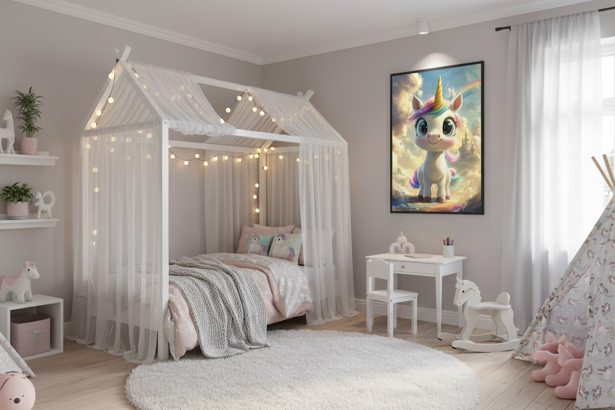 Børneværelse med sengehimmel og enhjørning plakat