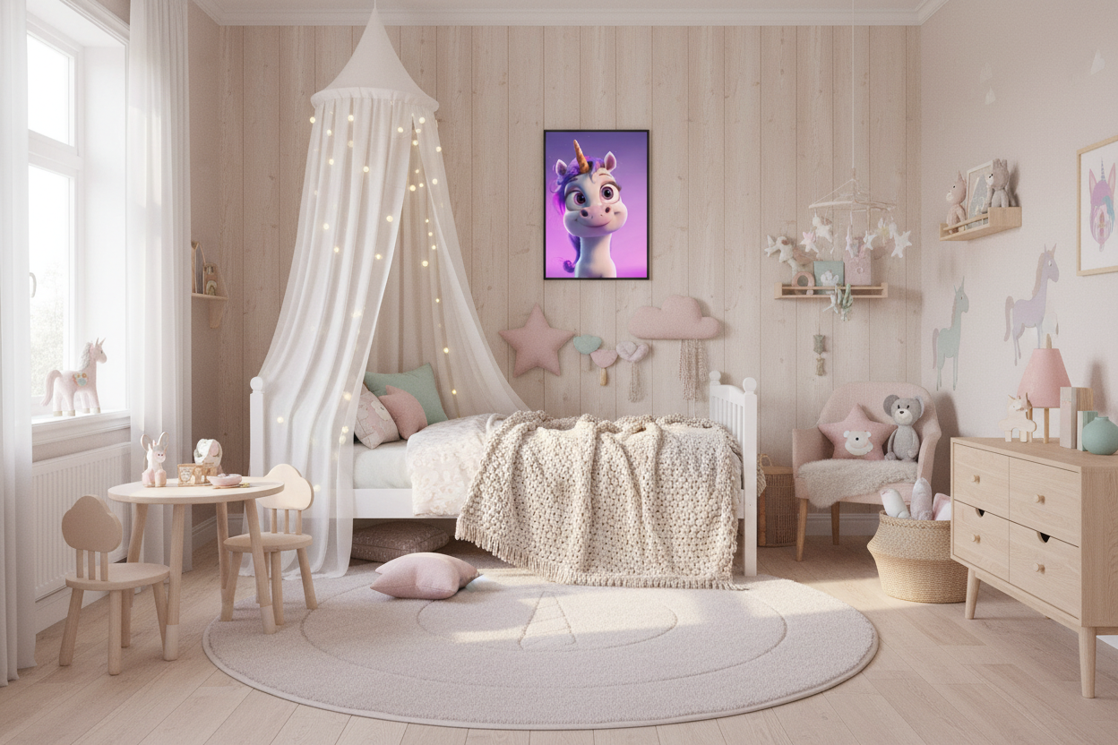 Børneværelse med sengehimmel og enhjørning plakat