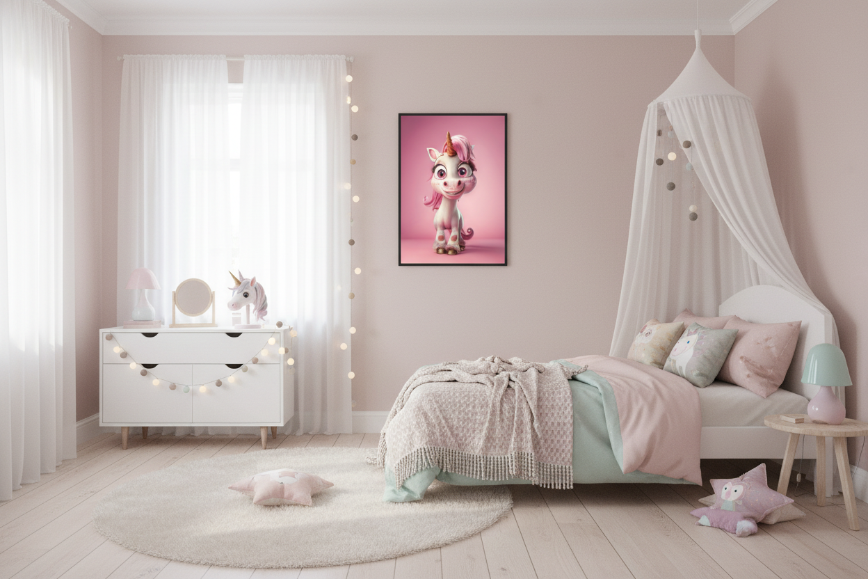 Børneværelse med sengehimmel og enhjørning plakat