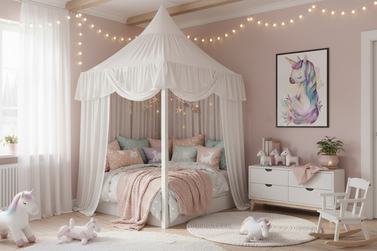 Børneværelse med sengehimmel og enhjørning plakat