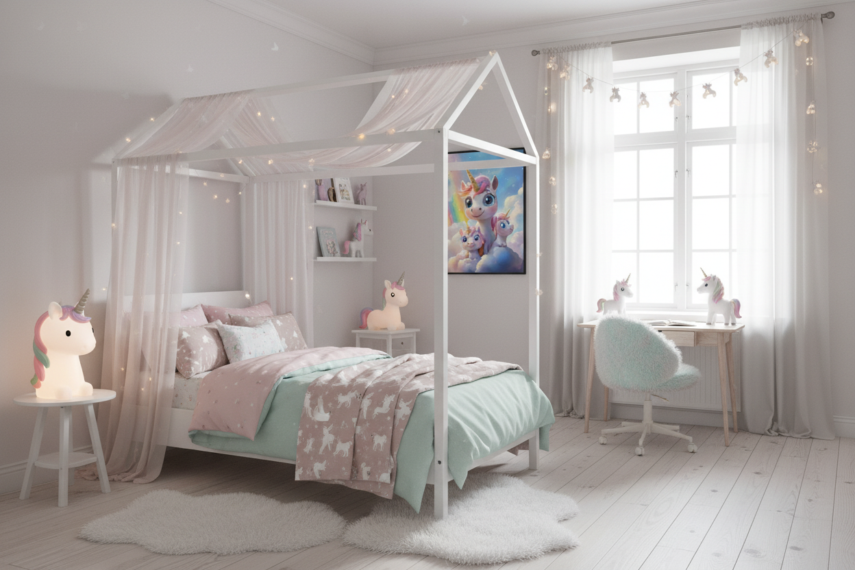 Børneværelse med sengehimmel og enhjørning plakat
