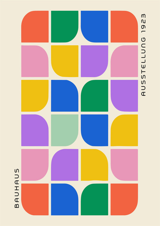 Bauhaus plakat med geometriske former og modulær opbygning i modernistisk Bauhaus-stil