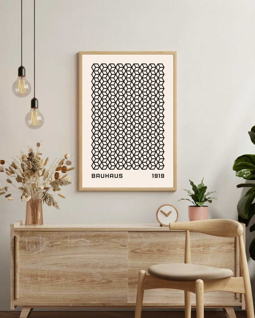 Bauhaus Plakat 40 – Geometrisk Kubemønster i dansk stue - nordisk boligindretning med geometrisk designplakat