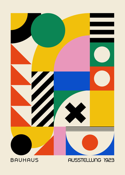 Bauhaus plakat med geometriske former og formmæssig kontrast i modernistisk Bauhaus-stil