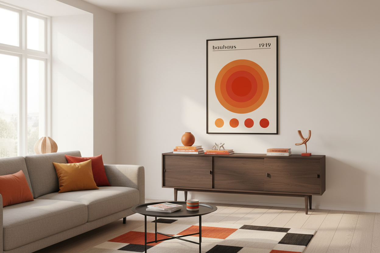 Bauhaus plakat koncentriske cirkler i dansk lejlighed