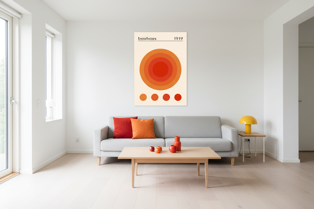 Bauhaus plakat koncentriske cirkler i moderne dansk stue