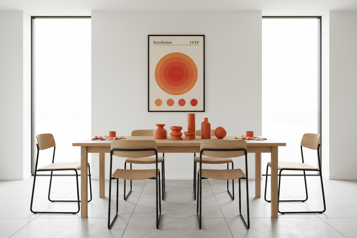 Bauhaus plakat koncentriske cirkler i nordisk spisestue