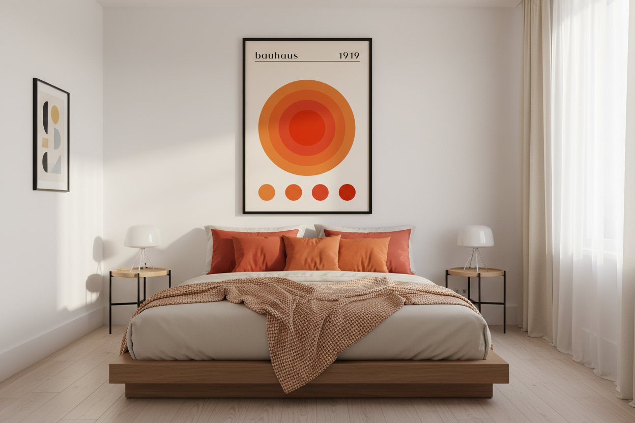 Bauhaus plakat koncentriske cirkler i soveværelse