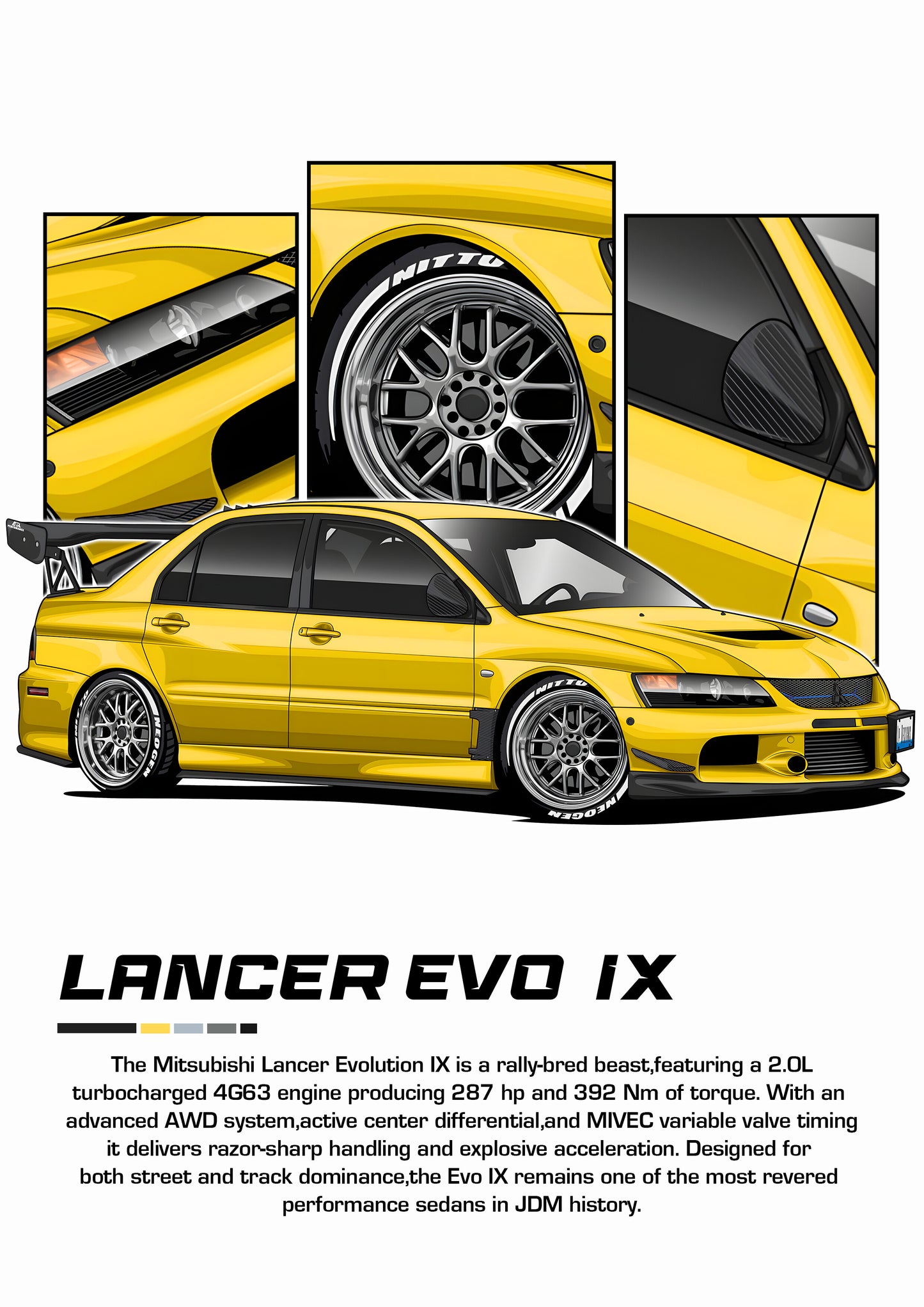 Bil plakat 100 med Mitsubishi Lancer Evo IX som motiv til nordisk indretning i danske hjem