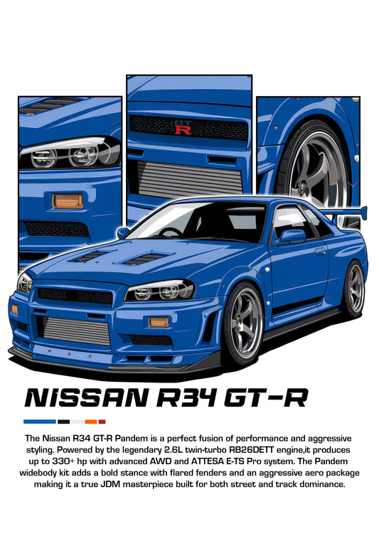 Bil plakat 112 med Nissan R34 GT-R som motiv til nordisk indretning i danske hjem