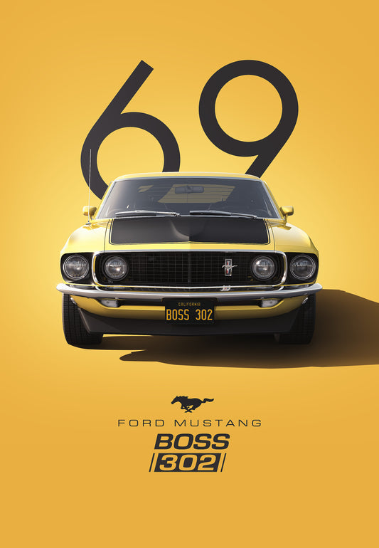 Bil plakat 124 med Ford Mustang Boss 302 (1969) som motiv til nordisk indretning i danske hjem