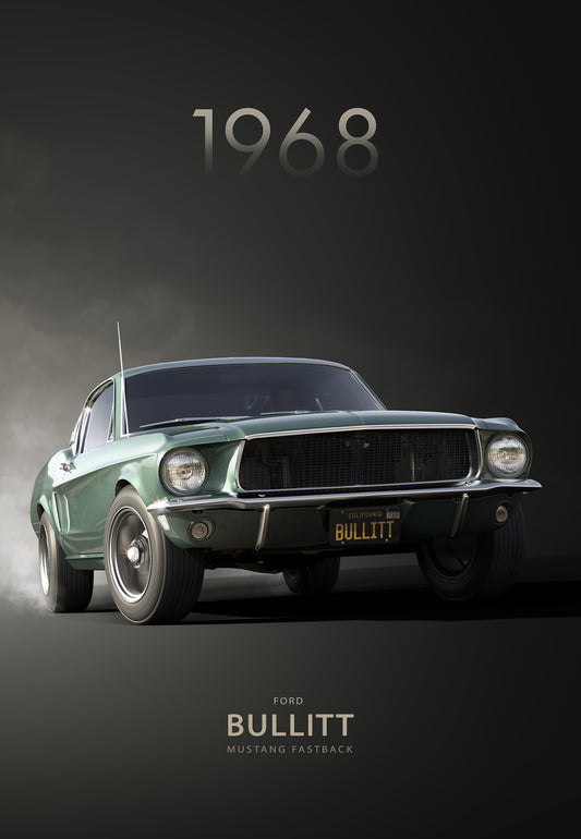 Bil plakat 128 med Ford Mustang Bullitt (1968) som motiv til nordisk indretning i danske hjem