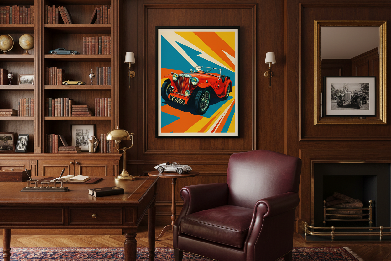 Bil Plakat 96 - MG Roadster i klassisk britisk-inspireret interiør