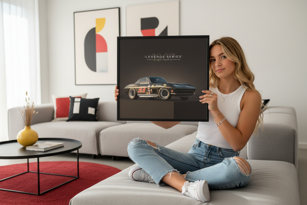 Chevrolet Corvette Stingray plakat lifestyle liggende på sofa