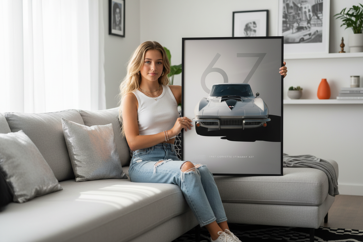 Corvette Stingray 427 plakat lifestyle liggende på sofa