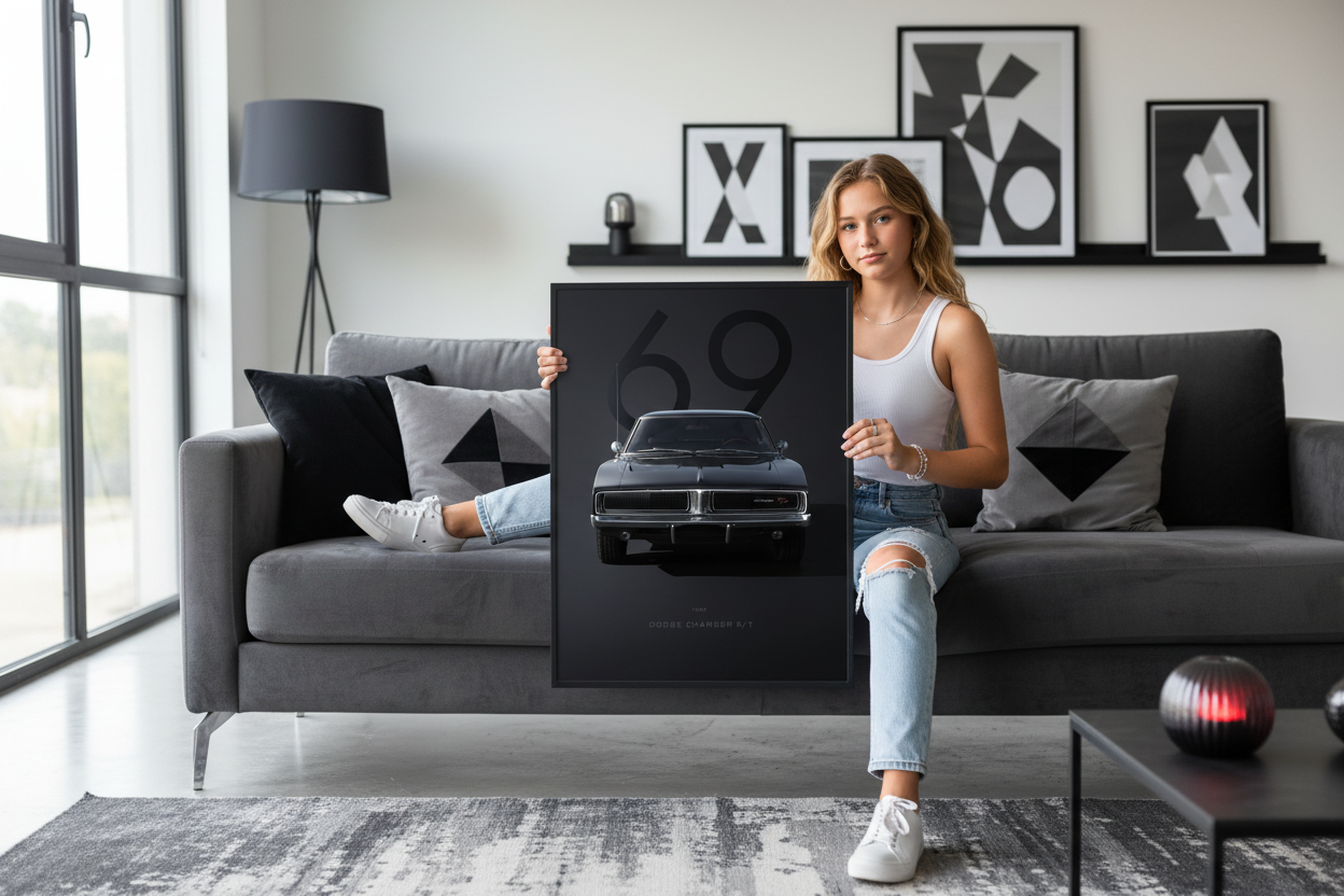 Dodge Charger R/T plakat lifestyle liggende på sofa