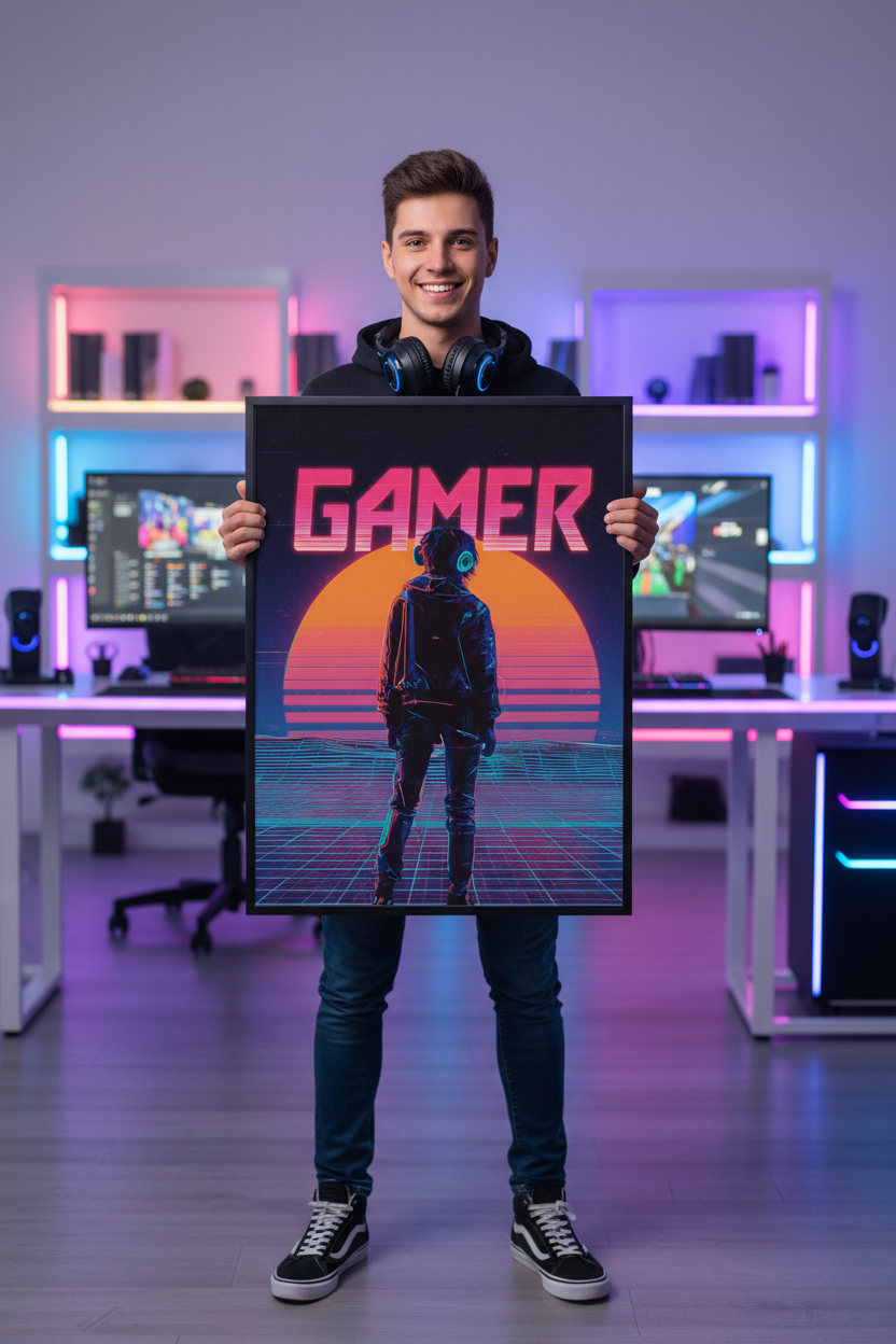 Dreng gamer holder gaming plakat højkant