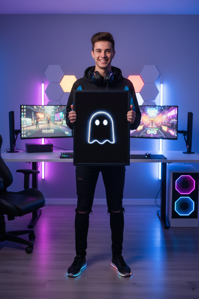 Dreng gamer holder gaming plakat højkant