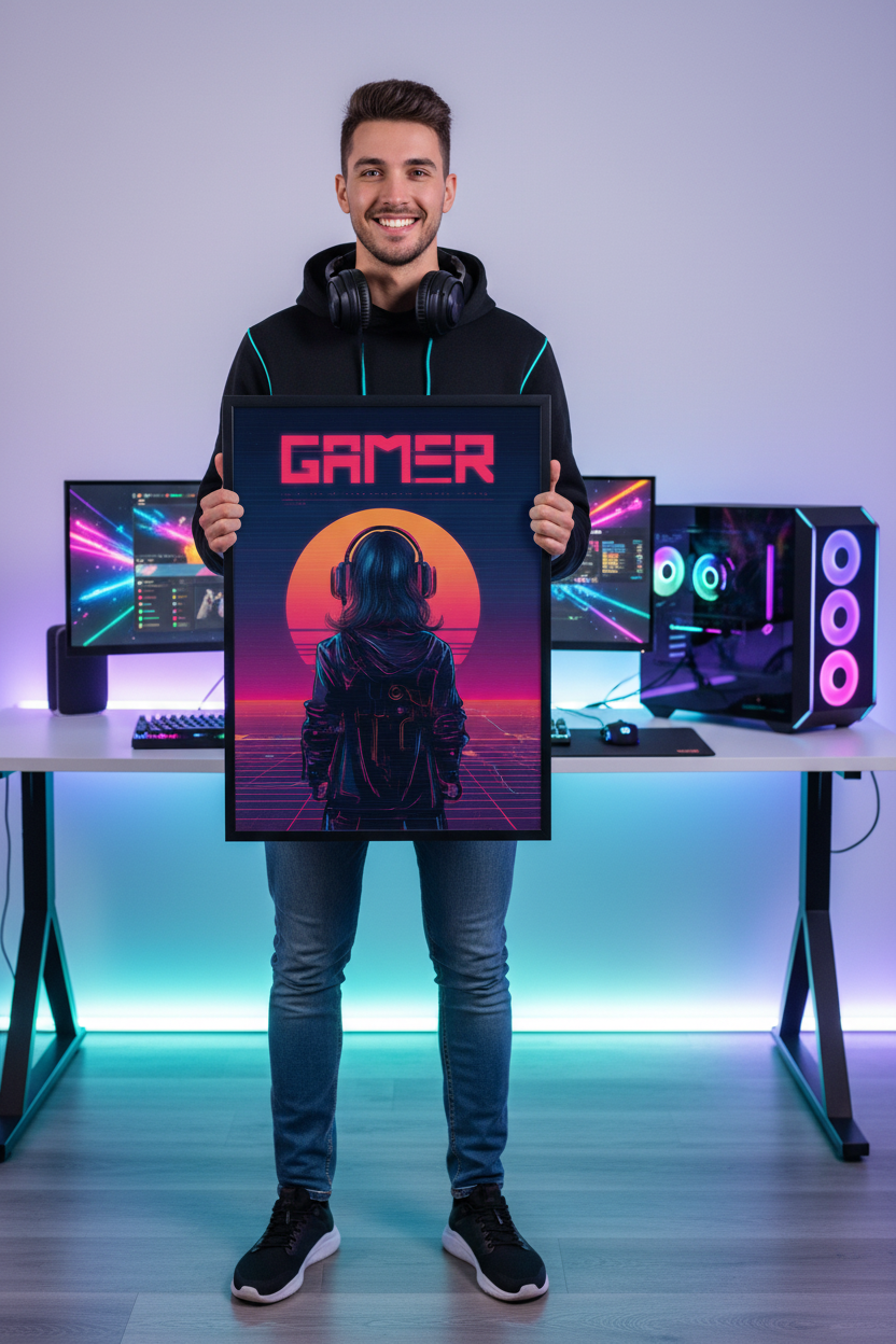 Dreng gamer holder gaming plakat højkant
