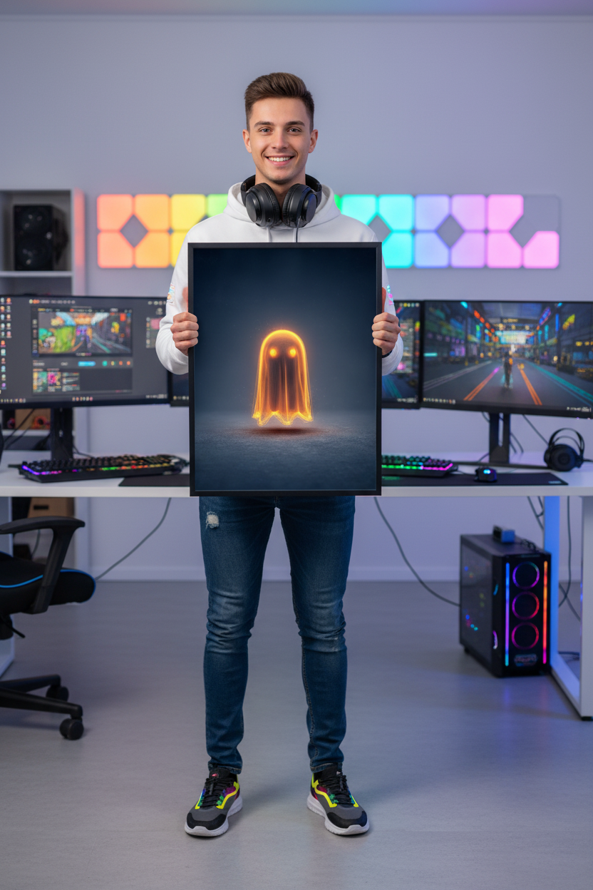 Dreng gamer holder gaming plakat højkant