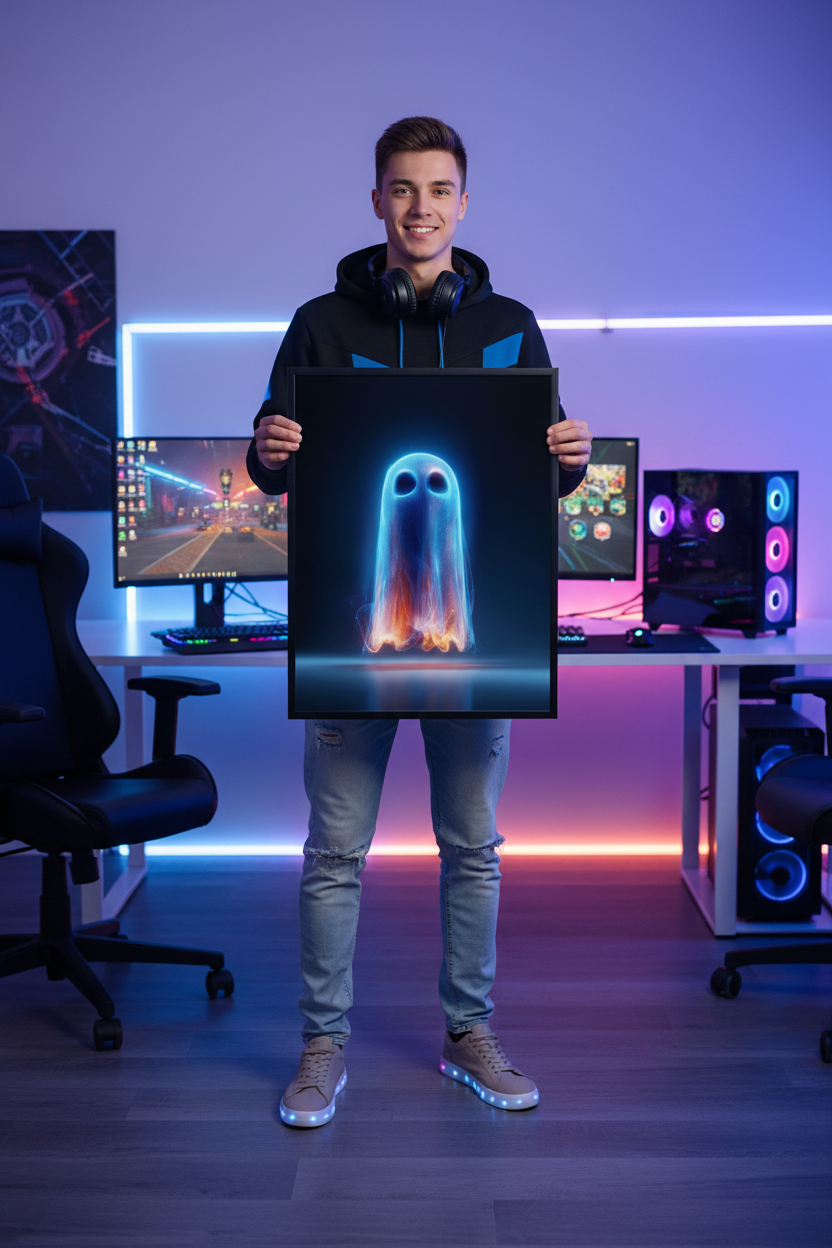 Dreng gamer holder gaming plakat højkant