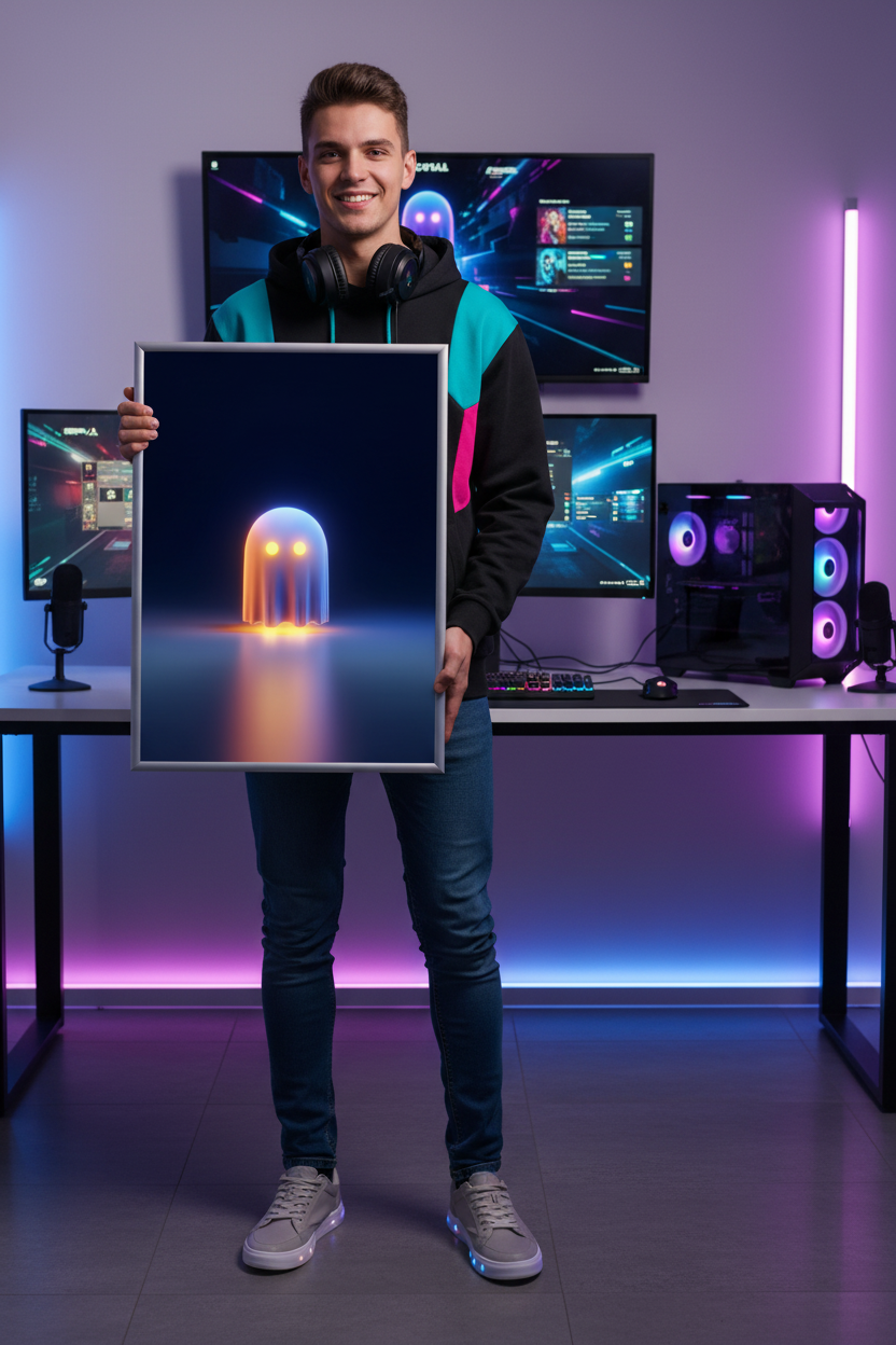 Dreng gamer holder gaming plakat højkant