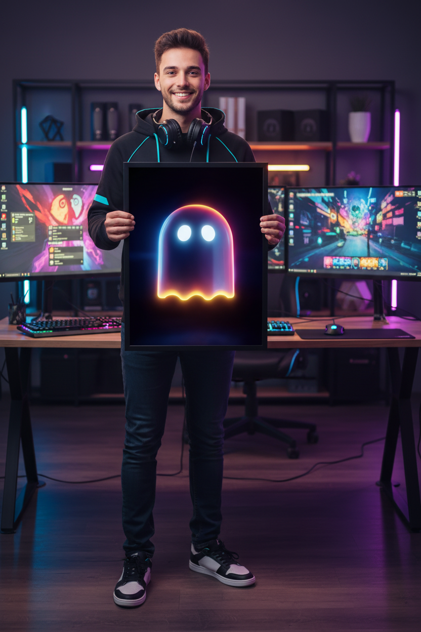 Dreng gamer holder gaming plakat højkant