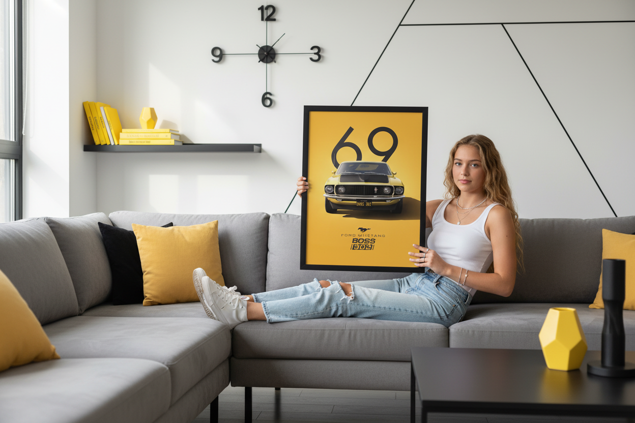 Ford Mustang Boss 302 plakat lifestyle liggende på sofa