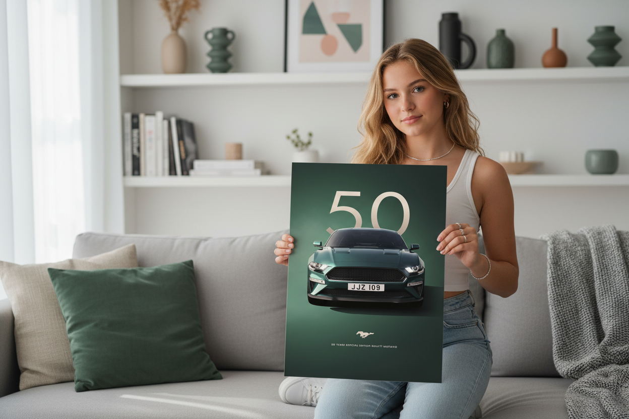 Ford Mustang Bullitt 50 Years Edition plakat lifestyle liggende på sofa