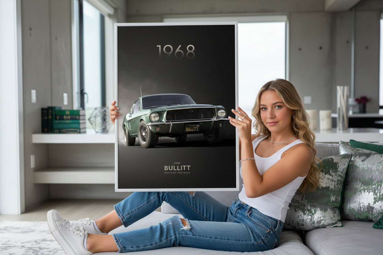 Ford Mustang Bullitt plakat lifestyle liggende på sofa