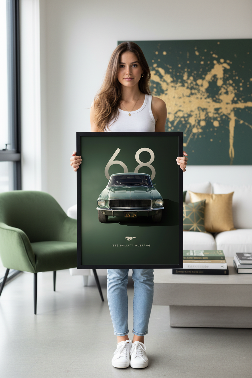Ford Mustang Bullitt plakat lifestyle med ung kvinde
