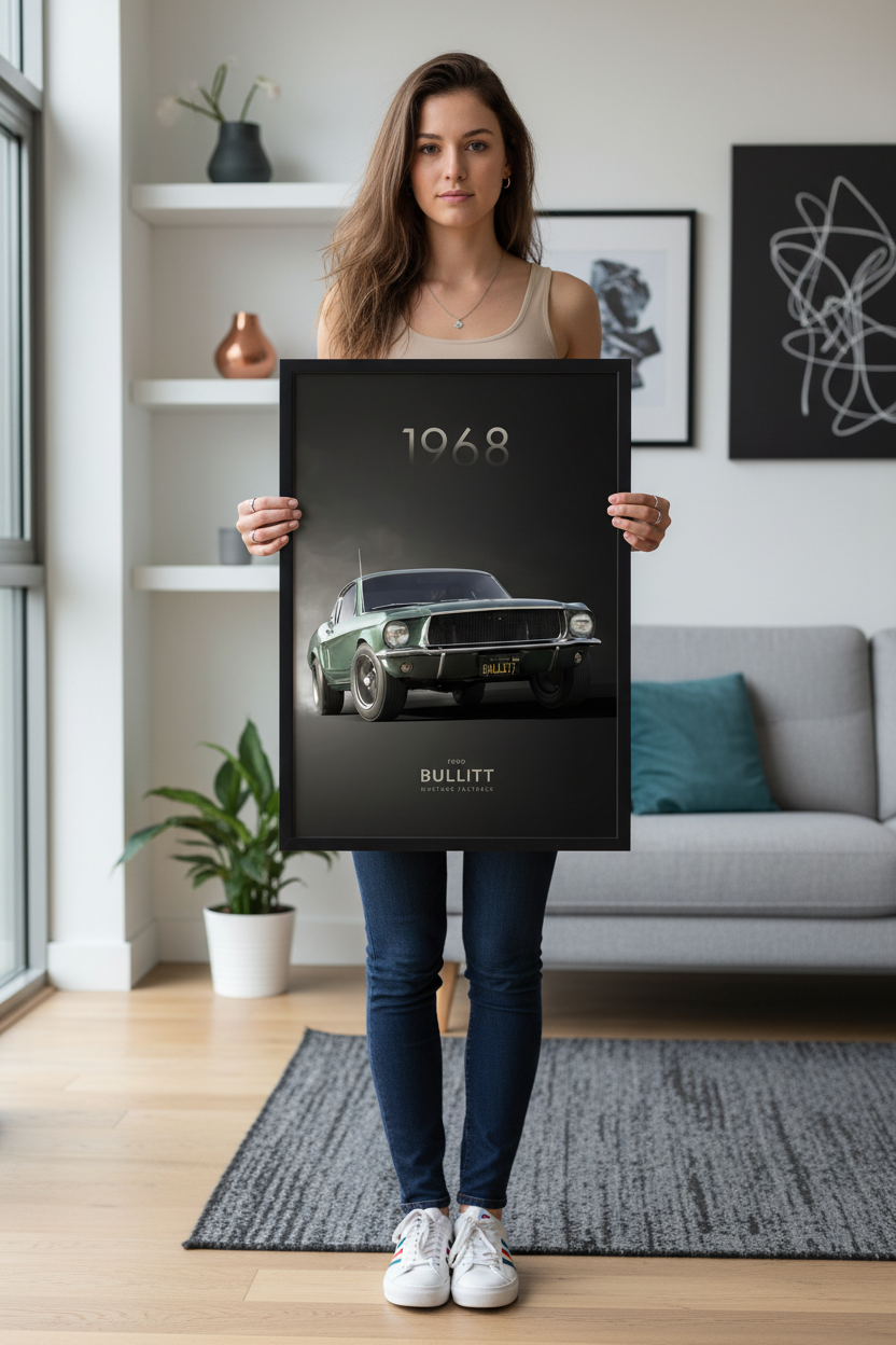 Ford Mustang Bullitt plakat lifestyle med ung kvinde