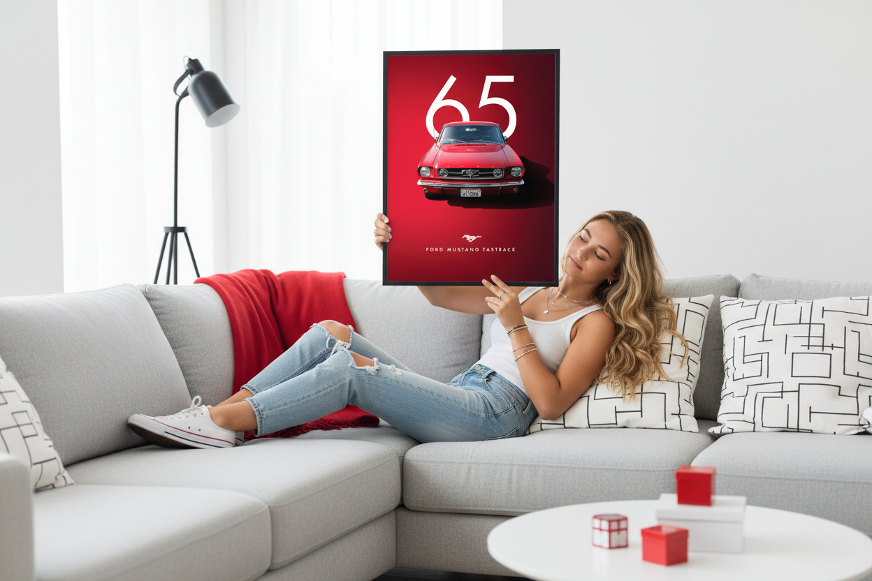 Ford Mustang Fastback plakat lifestyle liggende på sofa