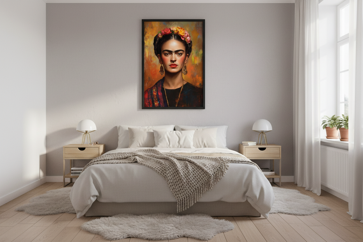 Frida Kahlo plakat i elegant soveværelse
