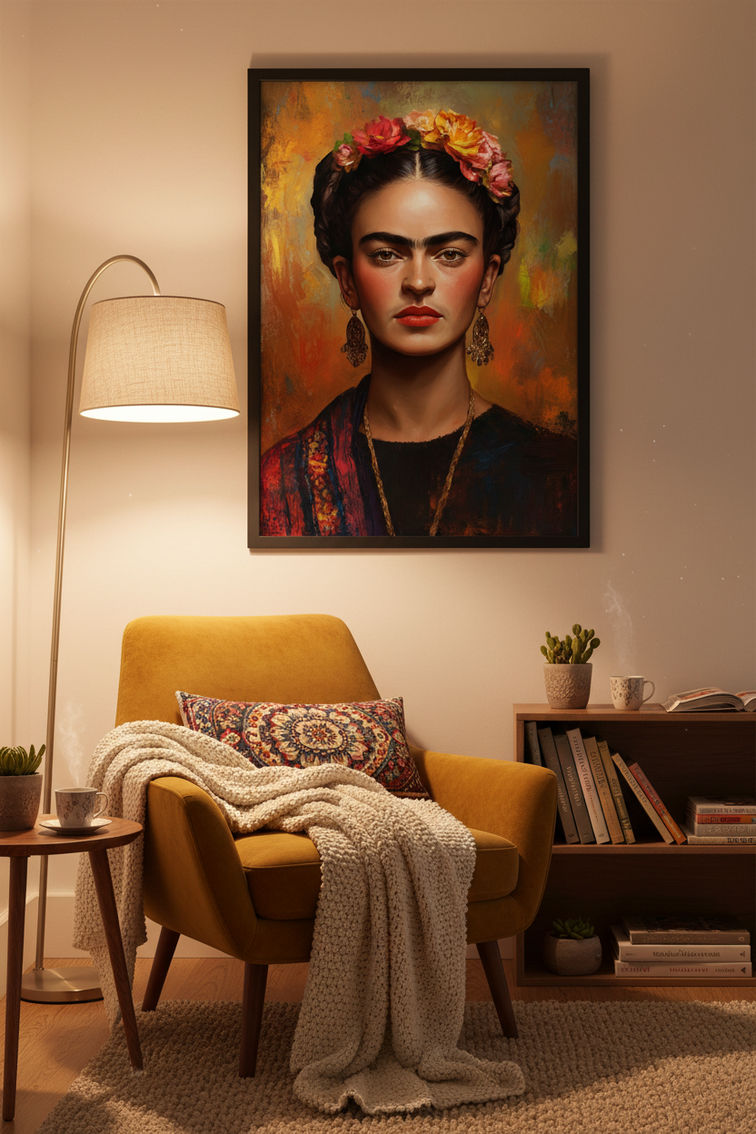 Frida Kahlo plakat i hyggelig læsekrog