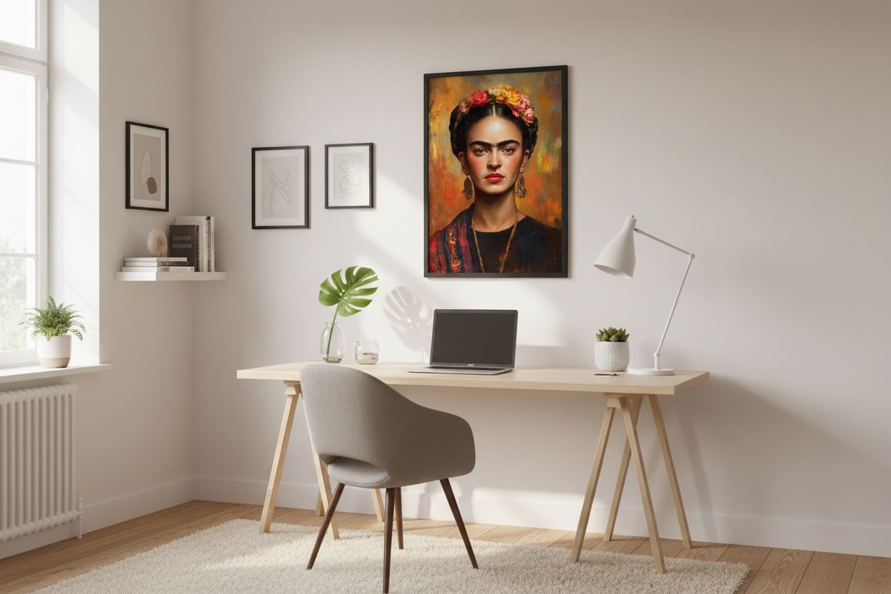 Frida Kahlo plakat i kreativt hjemmekontor