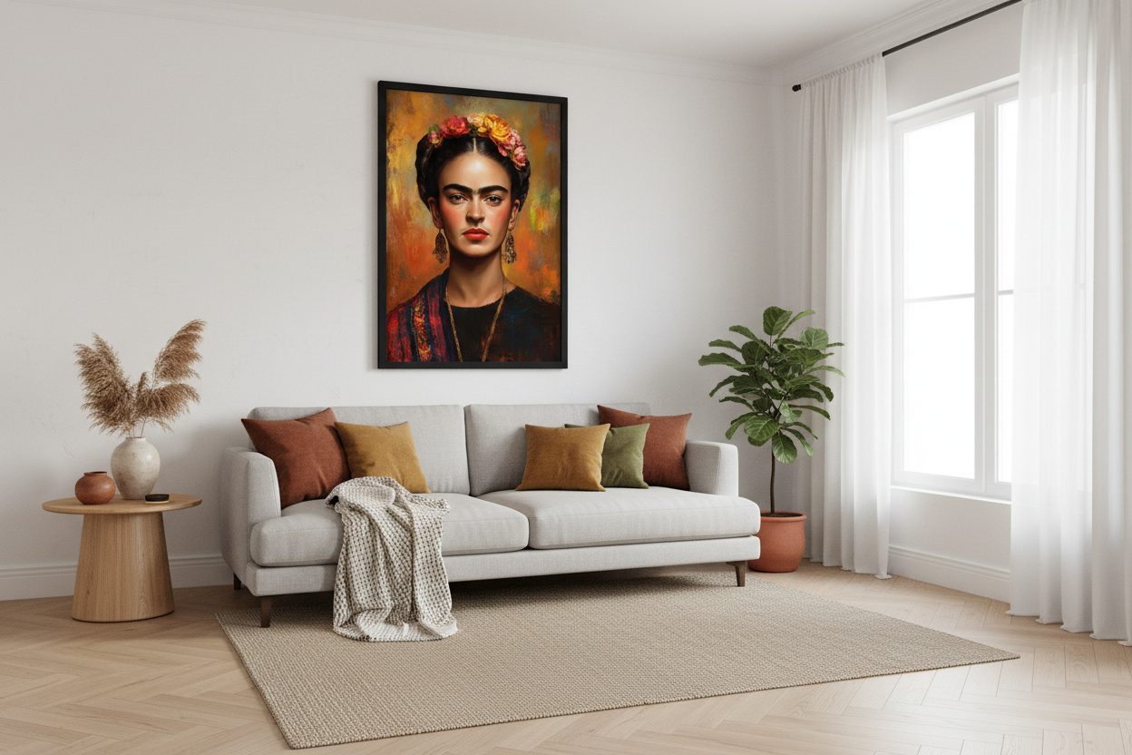 Frida Kahlo plakat i moderne nordisk stue