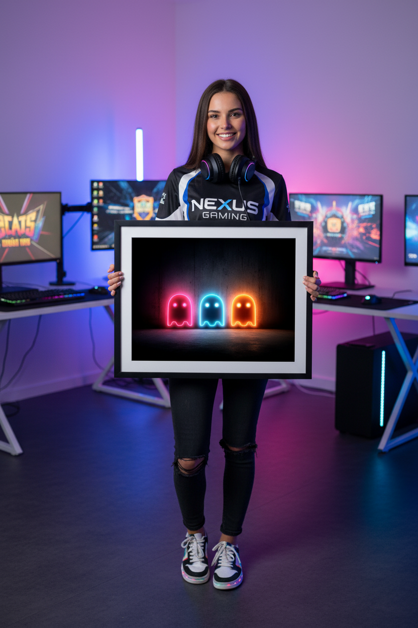 Gamer pige holder vandret gaming plakat