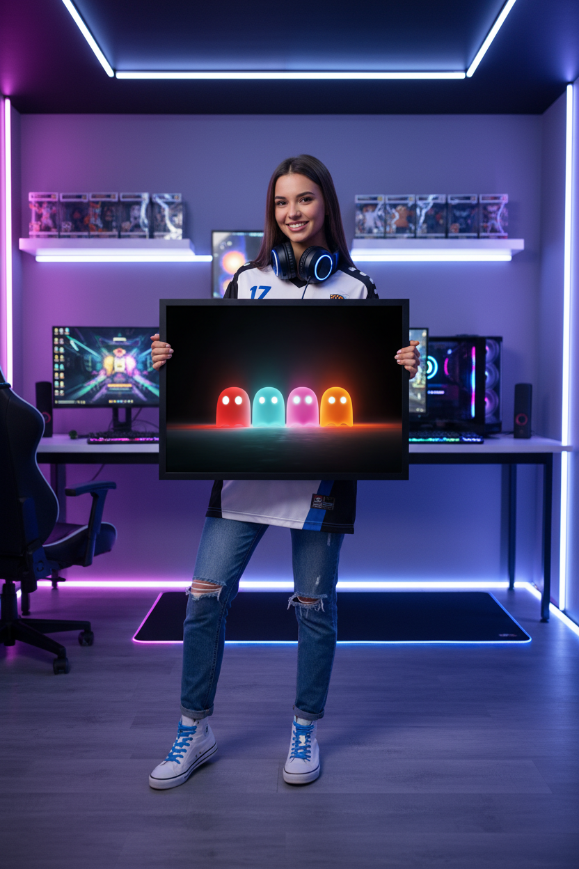 Gamer pige holder vandret gaming plakat