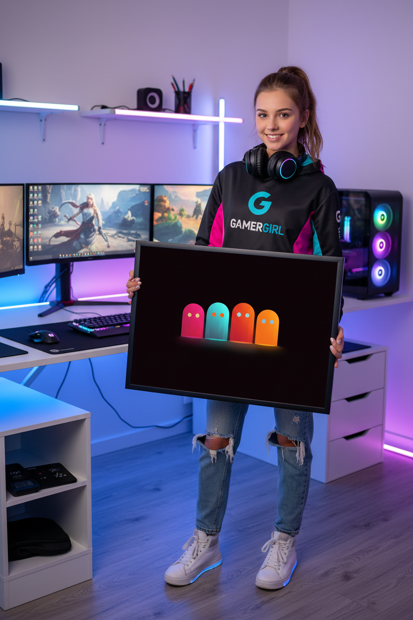 Gamer pige holder vandret gaming plakat