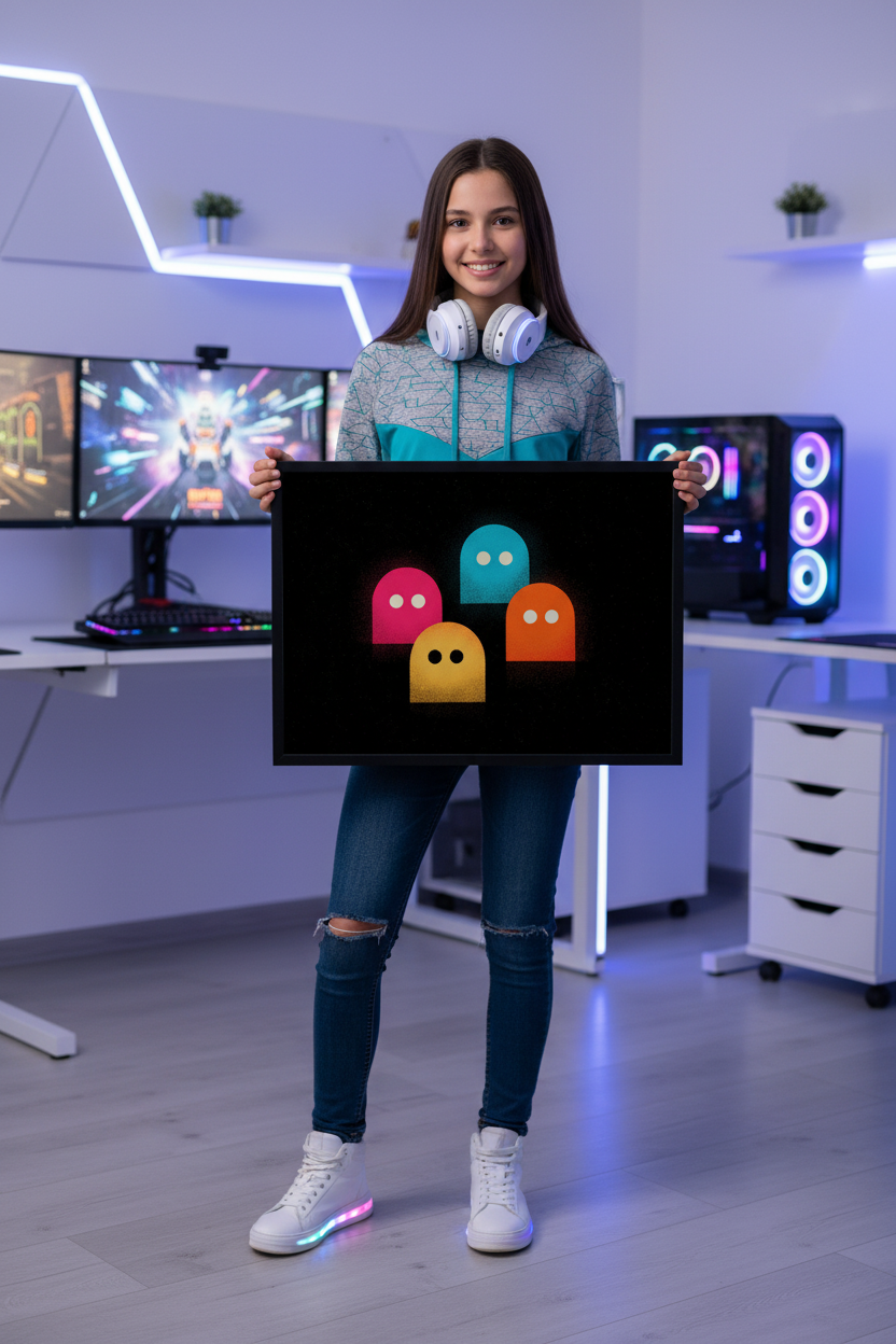 Gamer pige holder vandret gaming plakat